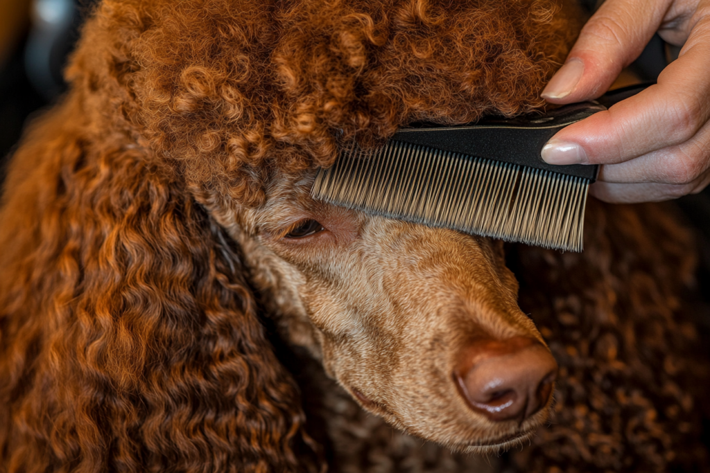 AKC Standard Poodle being gently brushed with a slicker brush, focusing on its curly coat. The dog looks calm and well-groomed in a cozy, well-lit grooming space, highlighting the importance of daily brushing to prevent mats.