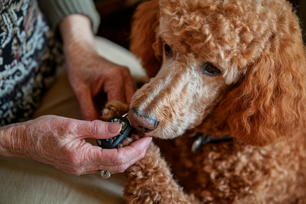 A Red Standard Poodle relaxed as its nails are carefully trimmed with a grinder. 