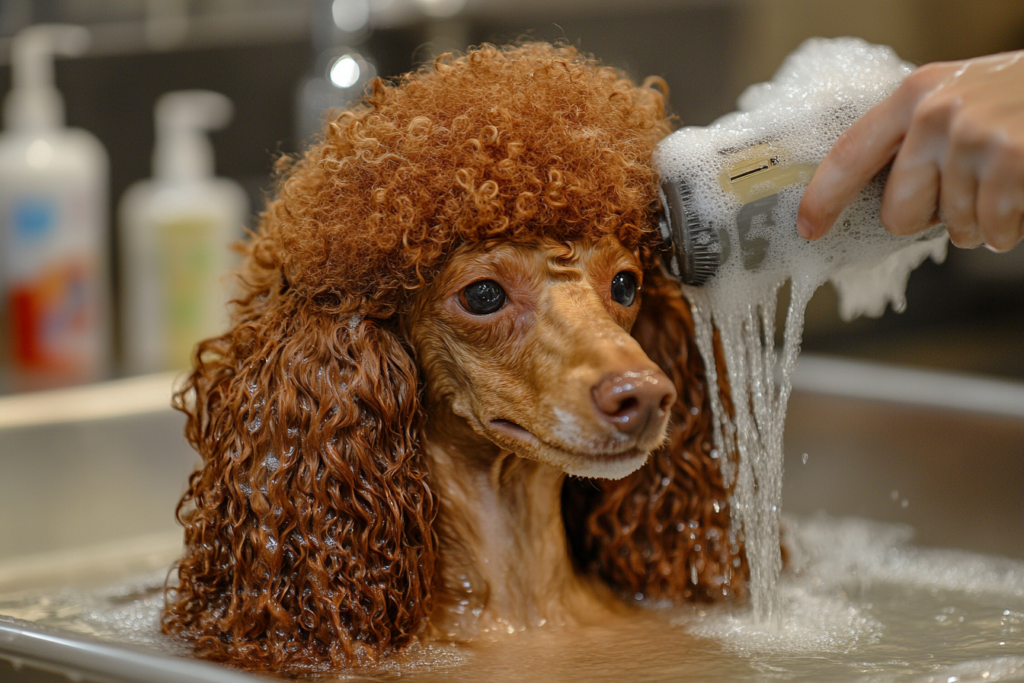 An AKC Standard Poodle being bathed