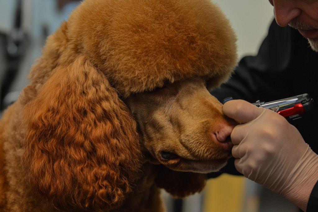 Red Standard Poodle calmly getting a precise trim around its face with a quiet trimmer. 