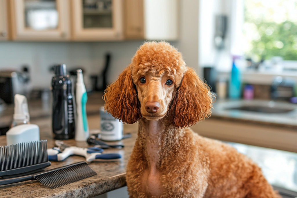 An AKC Standard Poodle standing beside brushes and de-matting tools